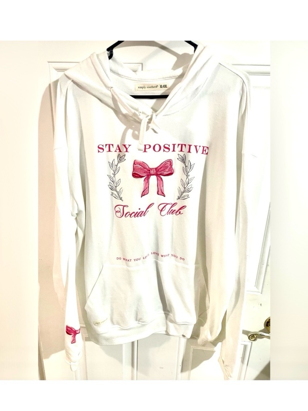 Simply Southern White Hoodie Sweater with Pink Graphic Bow